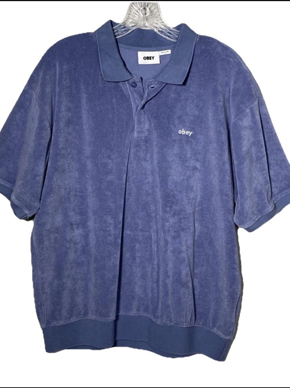 OBEY Indigo Blue Terry Cloth Polo Shirt Short Sleeve Cotton Blend